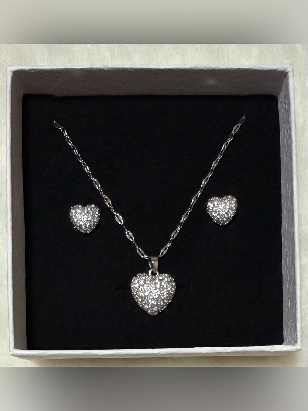 Stainless Steel Silver Heart Crystal Necklace & Stud Earrings Set
